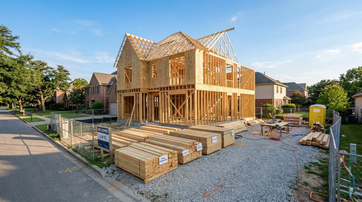 Residential construction site with framing in progress