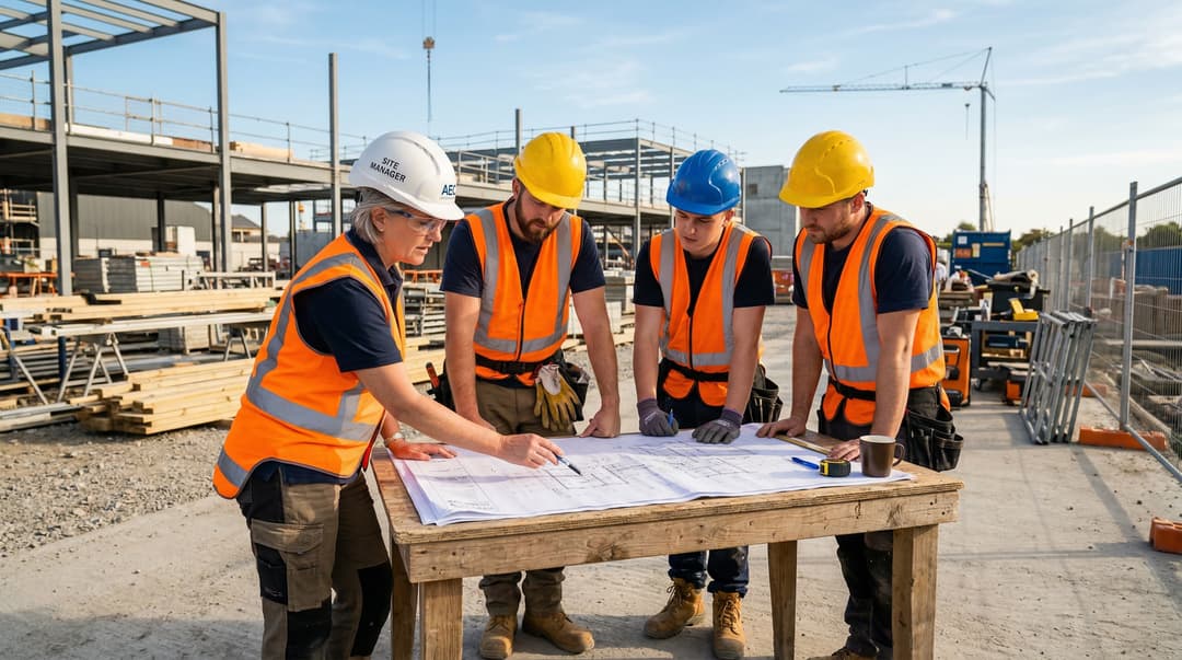 Construction team reviewing blueprints on site