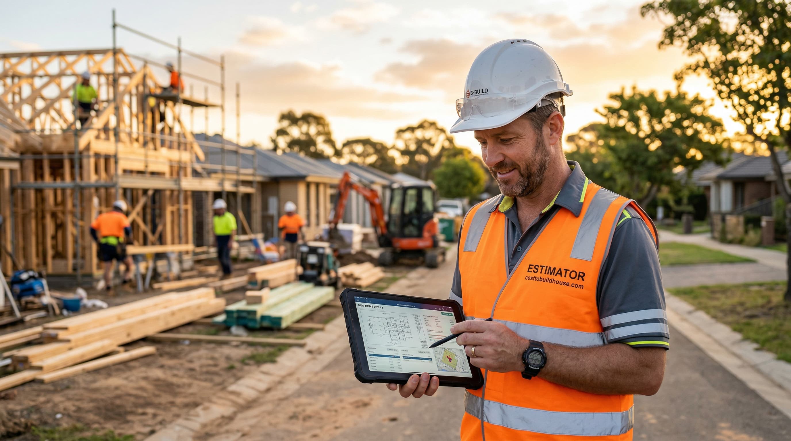 Professional construction estimator reviewing plans on site