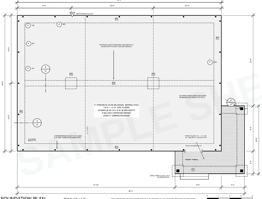 Sample permit-ready foundation plan sheet with footing schedule, slab notes and anchor bolts