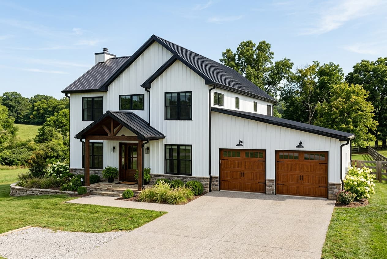 Custom barndominium with attached shop and covered porch